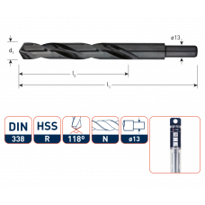 HSS-R SPIRAALBOOR, DIN 338, TYPE N, D2=13, ø16,0